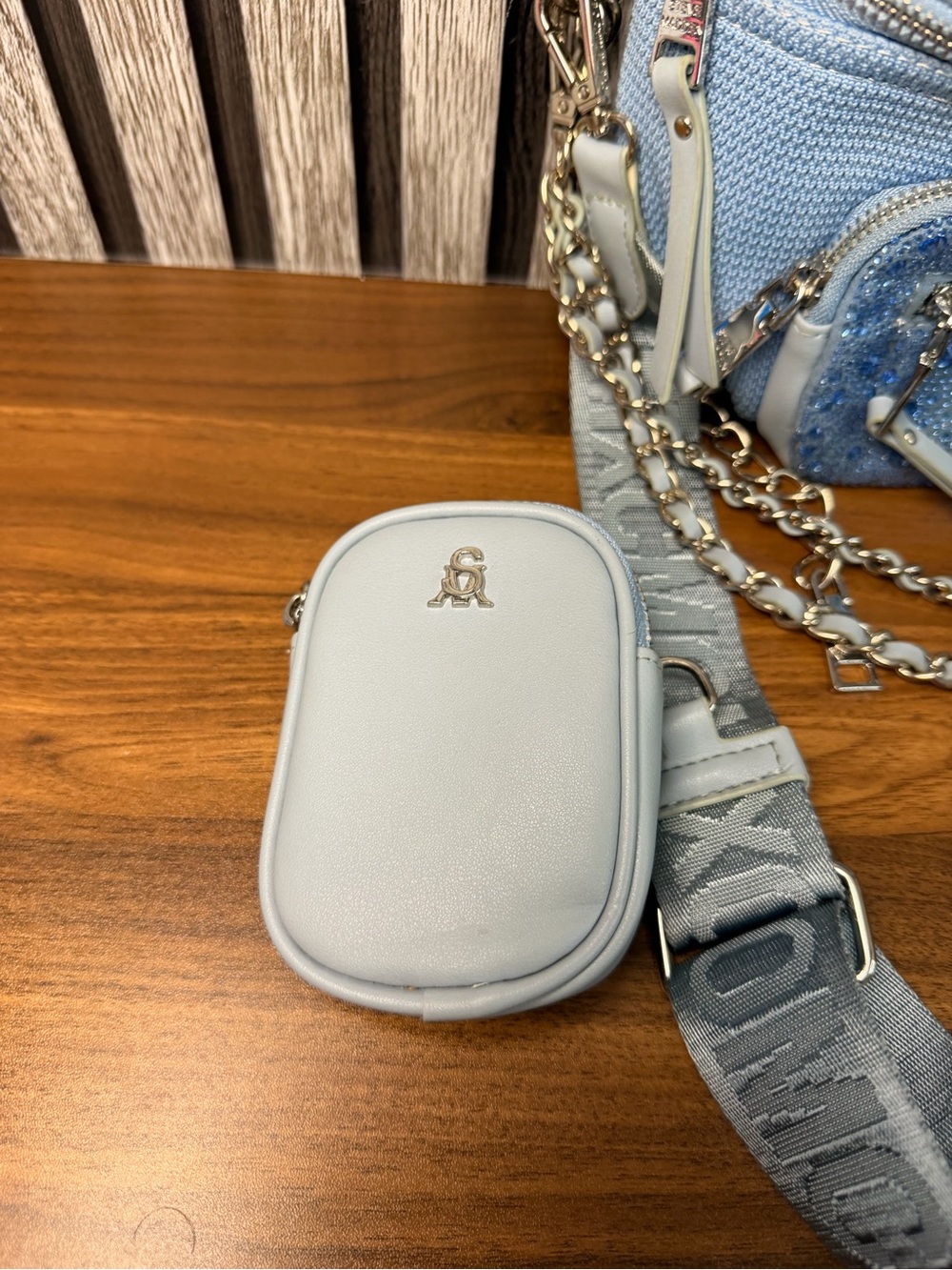 Steve Madden Light Blue Embellished Crossbody Bag with Chain Detail - Picture 6 of 16